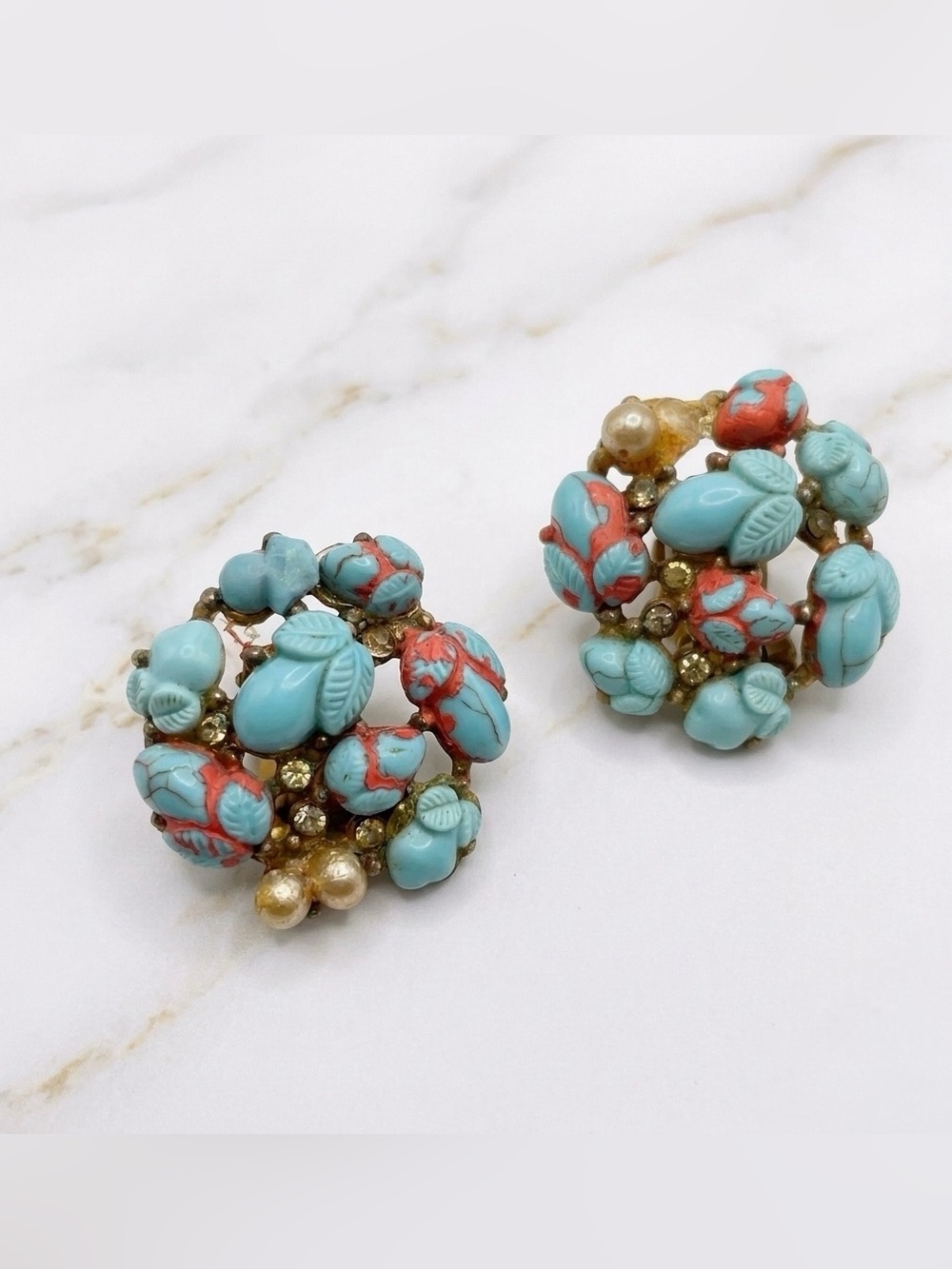Vintage Boho Turquoise Coral Cluster Clip On Earrings Statement Pearl